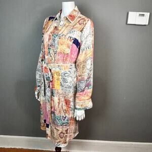 Magaschoni shirt dress Large Linen Long‎ Sleeve colorful patchwork print midi
